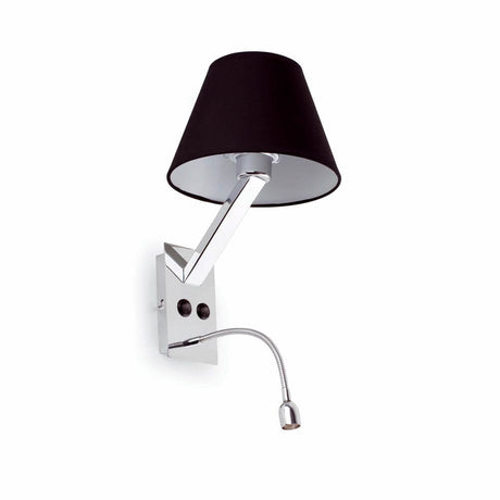 Wandlampe MOMA-2 mit LED-Lesearm Chrom, Schwarz in elegantem Design mit schwarzem Lampenschirm.