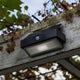 LED-Wandleuchte Arrow mit Solarpanel und Bewegungsmelder an einem Holzpfosten unter Weintrauben.