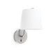 Wandleuchte BERNI Nickel-Satin, Weiß an der Wand, modernes Design mit satiniertem Nickel und weißem Lampenschirm.
