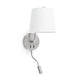 Wandleuchte BERNI mit LED-Leselicht Nickel-Satin mit weißem Lampenschirm und Flexarm zum Lesen.