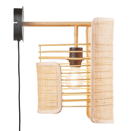 Wandleuchte Jaffna aus Holz und Rattan mit offenem Leuchtmittel, stilvolle Wandlampe im Naturlook