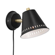 Pine wall light in a modern design with a black metal shade and gold accents.