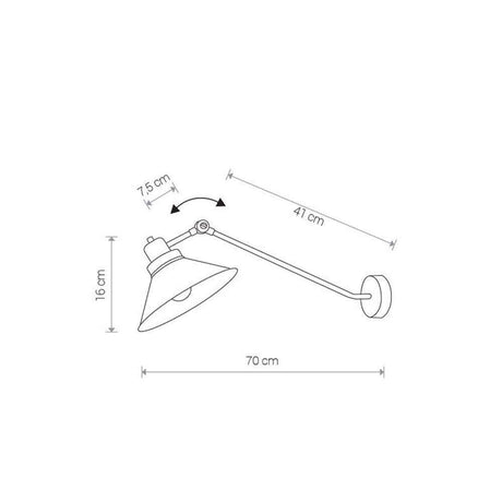 Dimensioned drawing of the Vintage reading wall light Techno Black with dimensions in cm.