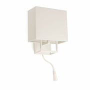 Wandleuchte VESPER mit LED-Leselampe Weiß, Beige an der Wand montiert mit flexiblem Lesearm.