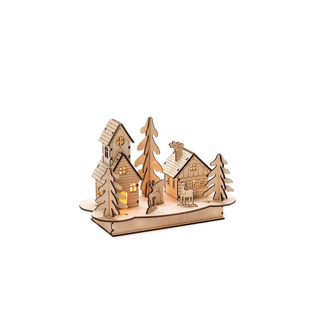 Weihnachtliche Dekoleuchte mit Haus und Tieren aus Holz Braun, aus Holz geschnitzt mit warmem Licht.