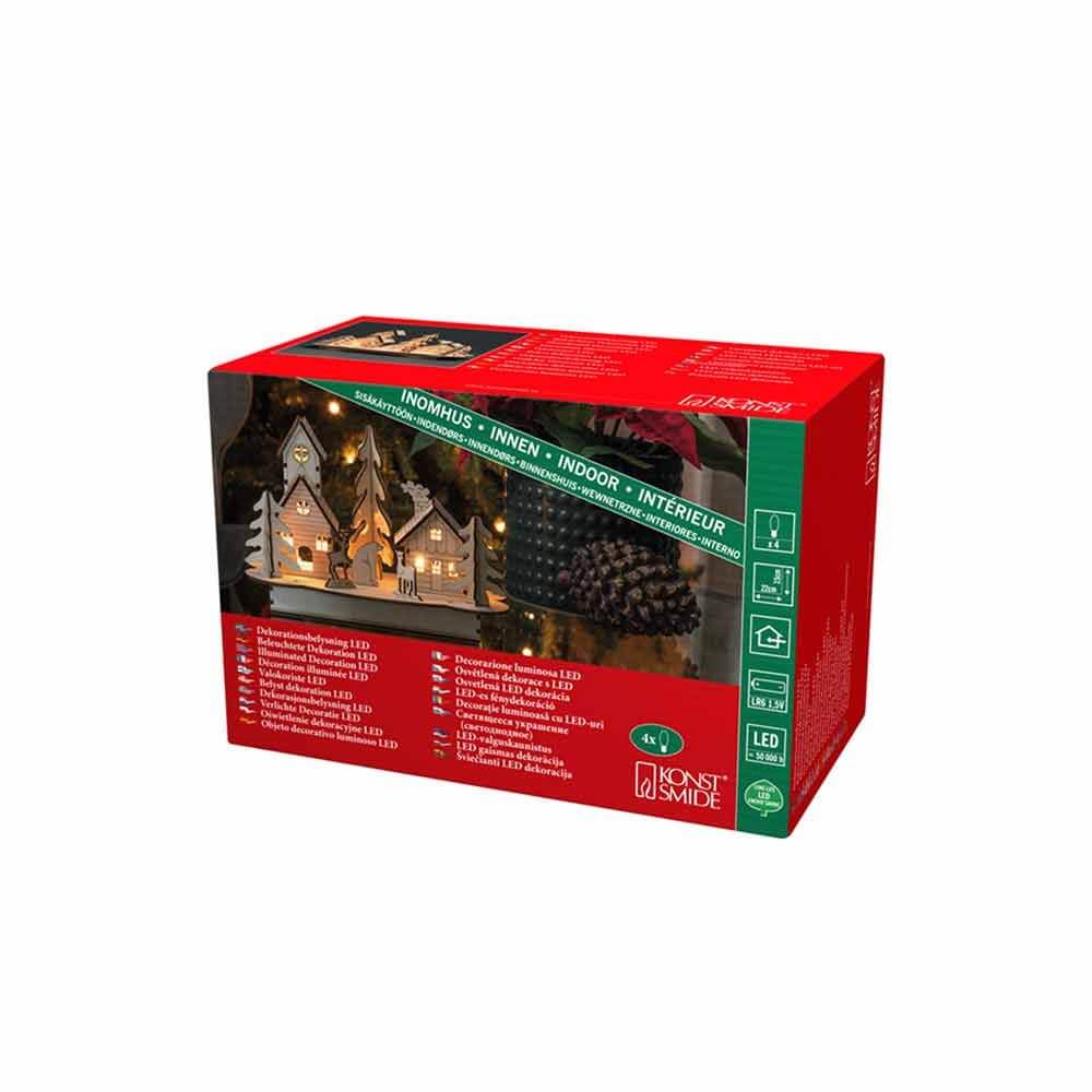 Weihnachtliche Dekoleuchte mit Haus und Tieren aus Holz Braun im Geschenkbox-Design.