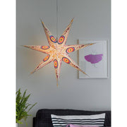 Étoile en papier blanche perforée avec impression à motifs colorés, 7 branches, sans ampoule, dans le salon, décoration de Noël élégante.