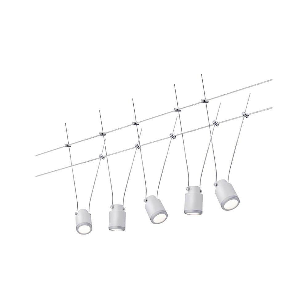 Wire System TunLED 5x4W Weiß 12V Deckenmontagesystem mit 5 LED-Leuchten in warmweißem Licht.