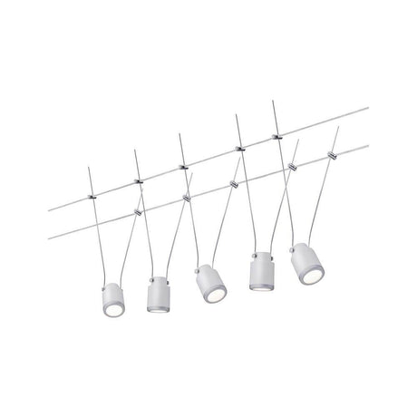 Wire System TunLED 5x4W Blanc système de montage au plafond 12V avec 5 luminaires LED en lumière blanc chaud.