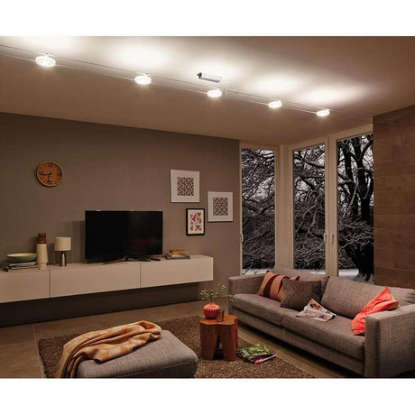 Wire Systems DC Set DiscLED I 5x4W Chrom Satin 12V DC 30VA in einem modernen Wohnzimmer.