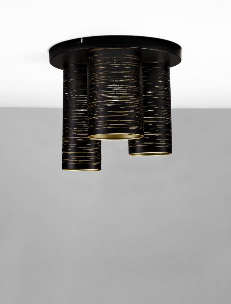 Zane Deckenleuchte Schwarz, Gold mit minimalistischer, luxuriöser Gestaltung und goldenen Innenschirmen.
