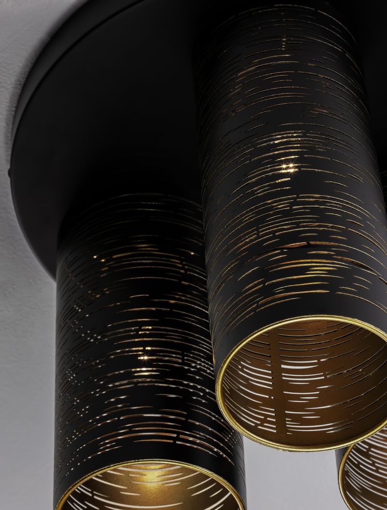 Zane Deckenleuchte Schwarz, Gold mit drei zylindrischen Schirmen in Schwarz und goldener Innenseite.