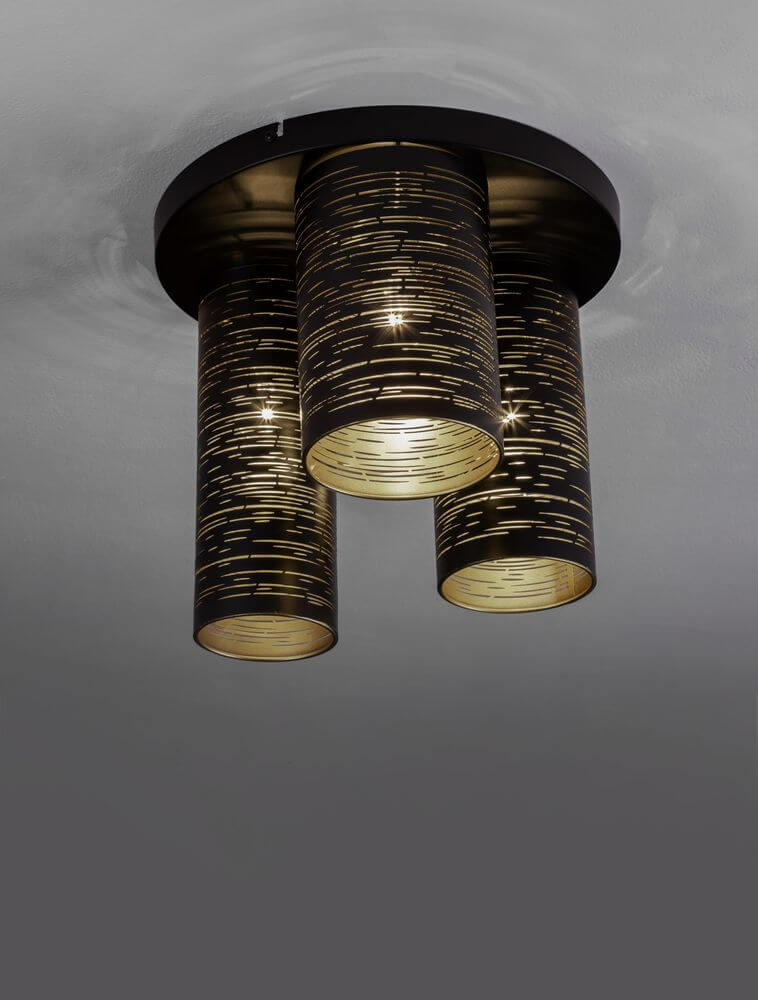 Zane Deckenleuchte Schwarz, Gold mit drei zylindrischen Schirmen aus Metall in elegantem Design