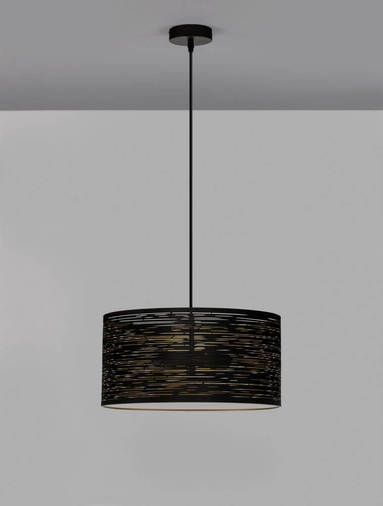 Zane Pendelleuchte Schwarz, Gold mit modernen Design und warmem Goldton im Inneren.