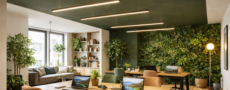 Modernes Büro mit Pflanzen, eleganten Möbeln, und natürlichem Licht für eine angenehme Arbeitsatmosphäre.