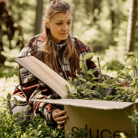Frau im Wald öffnet Karton mit Pflanzen, gekleidet in kariertem Pullover, umgeben von grüner Natur.