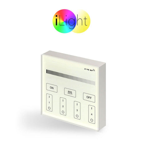 Wireless touch panel for controlling luminaires, with buttons for ON, OFF, and brightness adjustment.