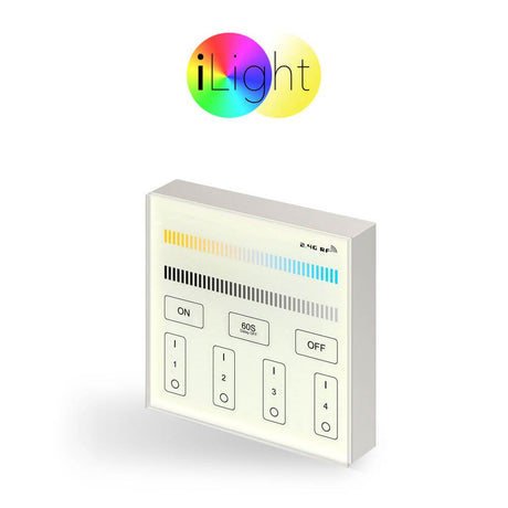 Wireless touch panel for controlling lighting with brightness, color temperature, and light color.