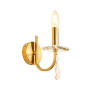 Wandleuchte Elisir 1-flammig Messingfarben mit Glas und Kristallpendel, elegante Wandlampe 18x10 cm