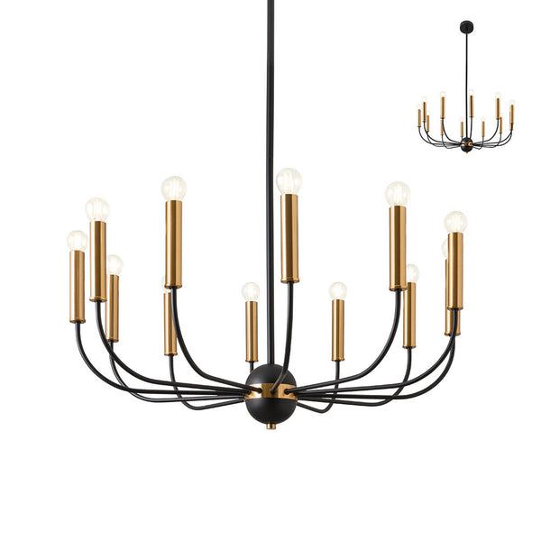 Kronleuchter Konig 12-flammig aus schwarzem Metall mit antikem Messington, 81 cm Durchmesser, modern-klassische Silhouette