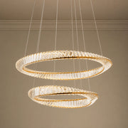 LED-Hängeleuchte Oblige Ø 60+80cm Dimmbar, goldfarbenes Metall mit Kristallverzierungen und elegantem Ringdesign