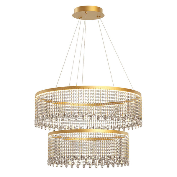 LED-Pendellampe Vanesia Ø 60+80cm Dimmbar aus goldfarbenem Metall mit Kristallen, zweistufige Ring-Pendelleuchte