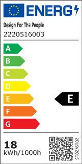 Energieeffizienzlabel für ein Produkt, zeigt Klasse E, Verbrauch 18 kWh/1000h, auf grün-gelbem Balken.