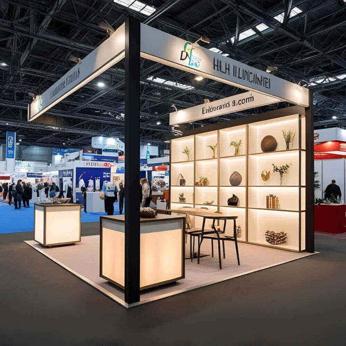 Moderner Messestand mit beleuchteten Regalen und stilvoller Einrichtung auf einer Fachmesse.