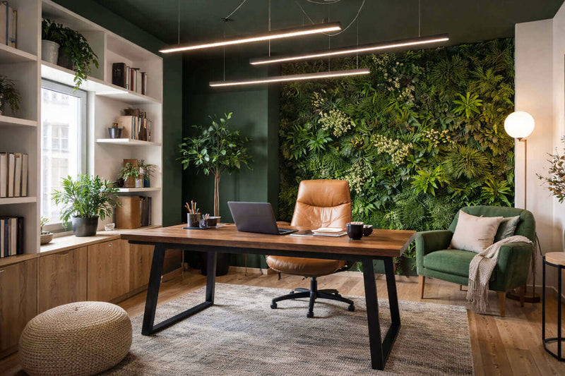 Modernes Büro mit Holzschreibtisch, Pflanzenwand und stilvollem Mobiliar für inspirierende Arbeitsatmosphäre.