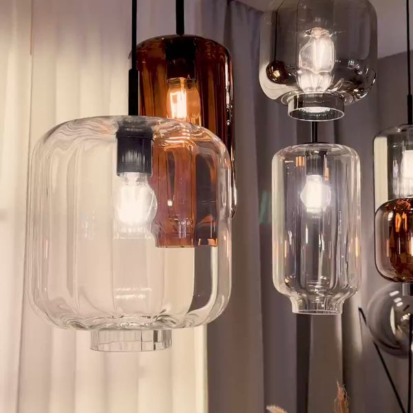s.luce Velo Esstischleuchte 8-flammig 200cm 3-reihig Ø 18/20/25cm mit eleganten Glaskörpern in verschiedenen Größen.
