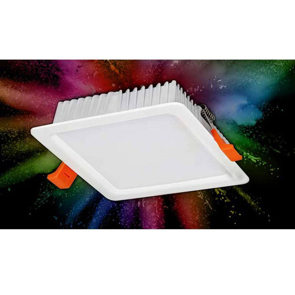 LED-Einbaupanel 12 x 12cm 720lm RGB + CCT mit buntem Hintergrund, dimmbar und farbwechselnd.
