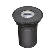 Level anthracite round recessed floor spotlight IP54 with stainless steel trim and tempered glass.