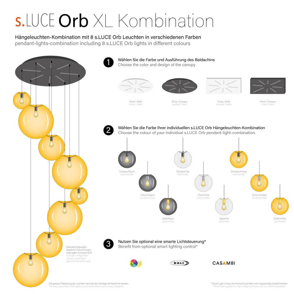 s.luce Orb XL 8-lys gallerilampe med modulær baldakin