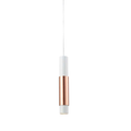 s.luce Crutch Pendelleuchte mit modernem Design und dekorativem Zylinder in Kupfer und Weiß.