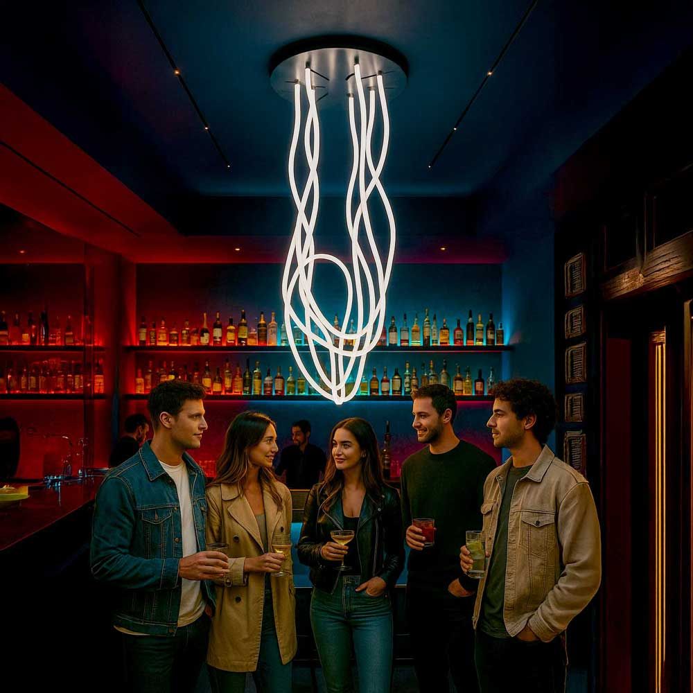 s.luce Arion organische Flex LED Hängelampe Warmweiß in einer Bar, umgeben von jungen Menschen.