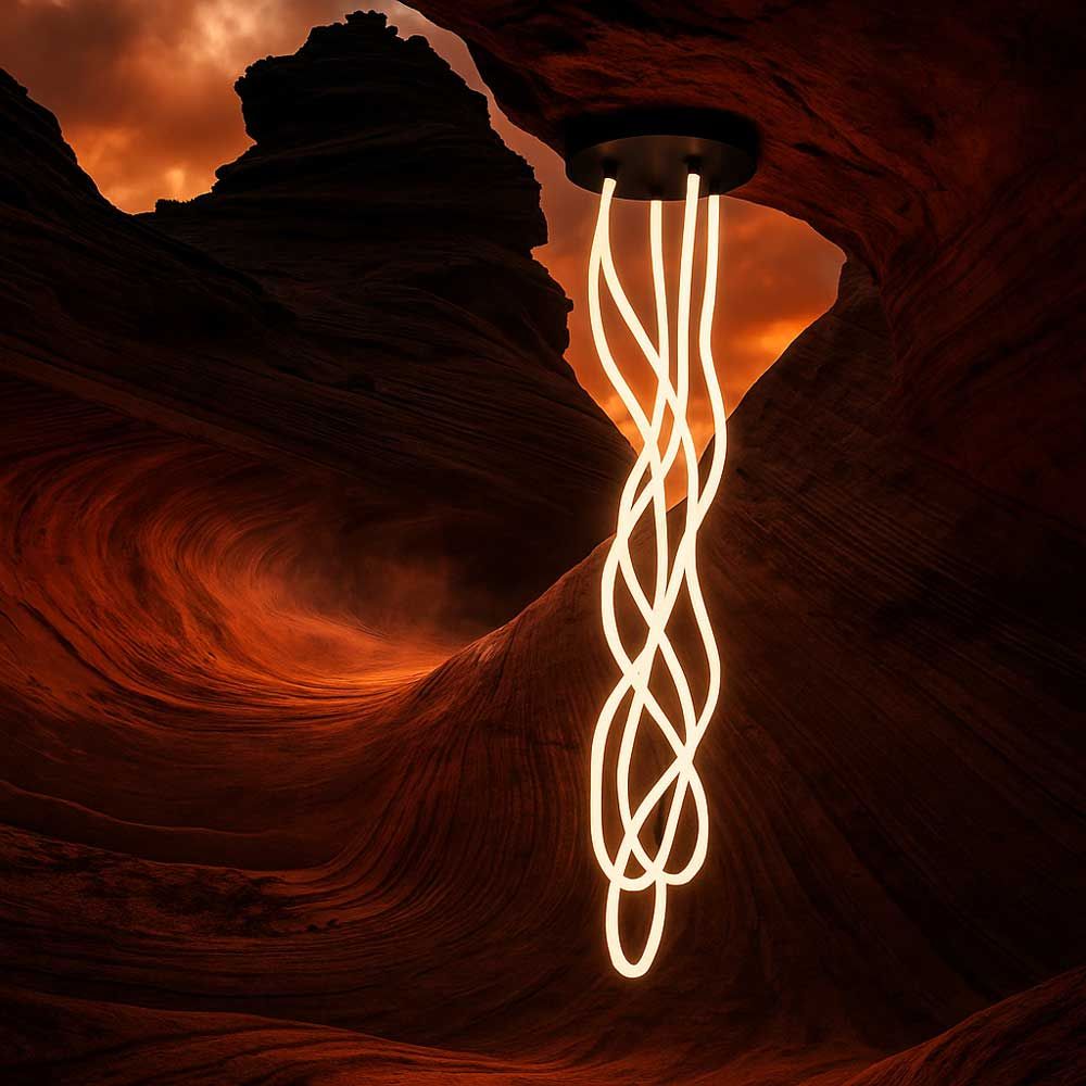 s.luce Arion organische Flex LED Hängelampe Warmweiß in einer eindrucksvollen Umgebung.