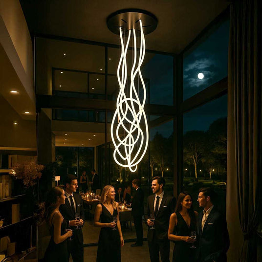 s.luce Arion organische LED Galerieleuchte XXL Schlauch Warmweiß in eleganter Umgebung bei Nacht.