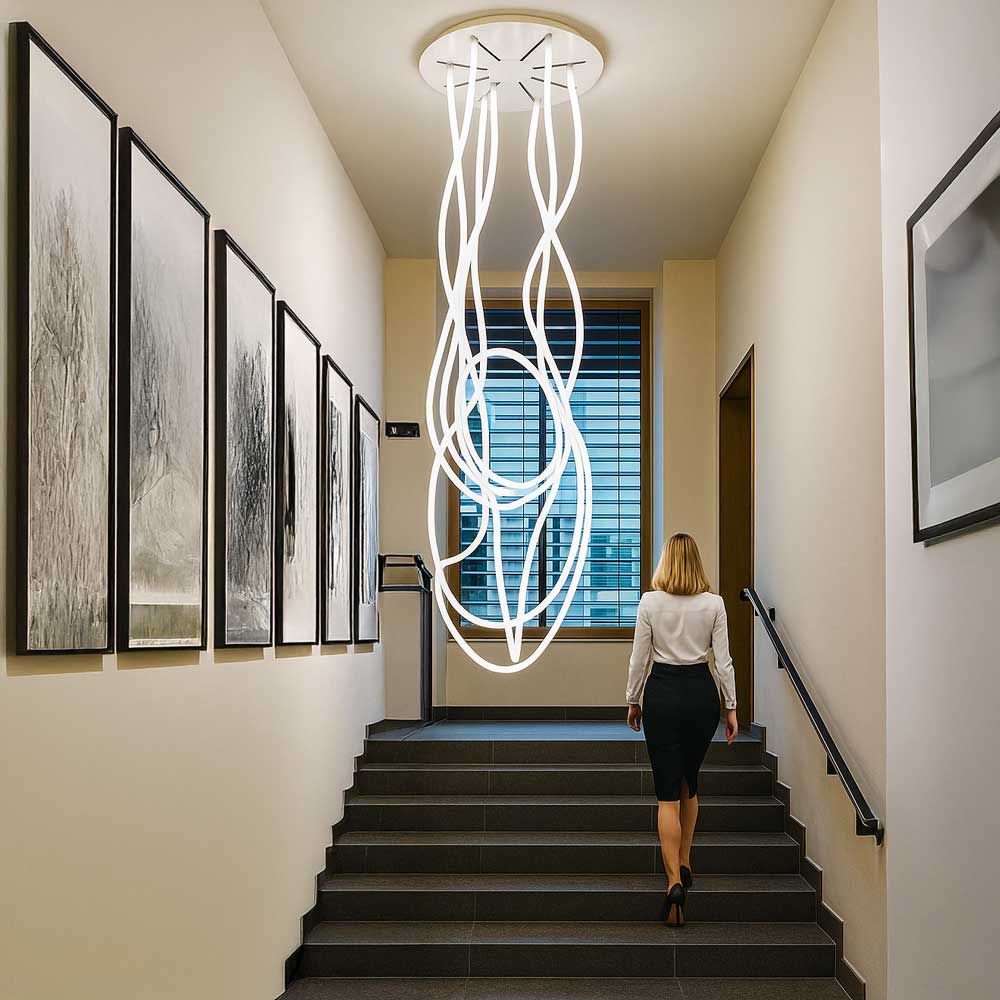s.luce Arion organische Flex LED Hängelampe Warmweiß hängt in einem modernen Treppenhaus und erzeugt beeindruckende Lichtskulpturen.