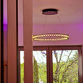 Moderne Deckenleuchte mit schimmernden Lichtern, die an einem Kabel hängen, in einem Raum mit Fenstern.