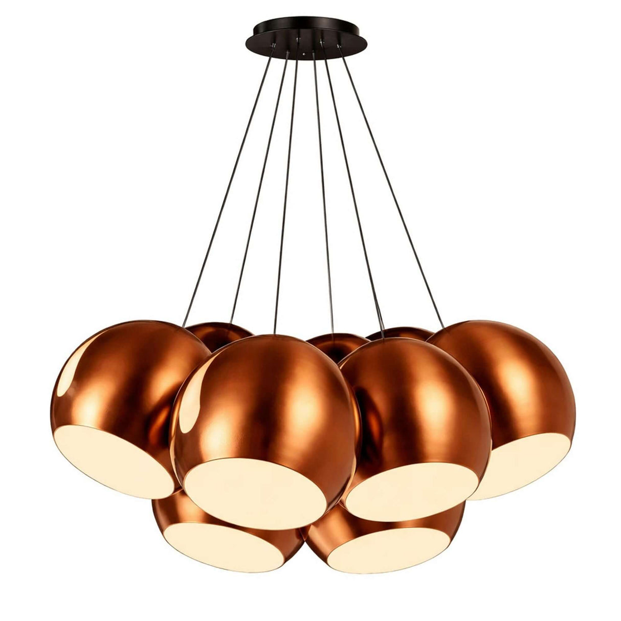 s.luce Ball Cluster Mehrfach-Pendelleuchte 7-flammig 7x30cm in kupferfarbigen Metallkugeln mit elegantem Lichtdesign.