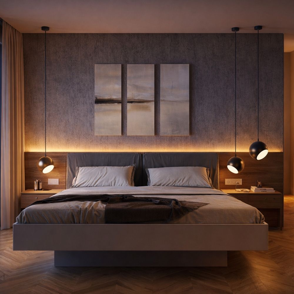 Modernes Schlafzimmer mit s.luce Ball Galerieleuchte mit drehbarem tauschbaren Schirm 5m Abhängung über dem Bett.