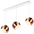 s.luce Ball Hängeleuchte 3-flammig mit Kupferlampenschirm, modern-minimalistisch, an Deckenschiene montiert.