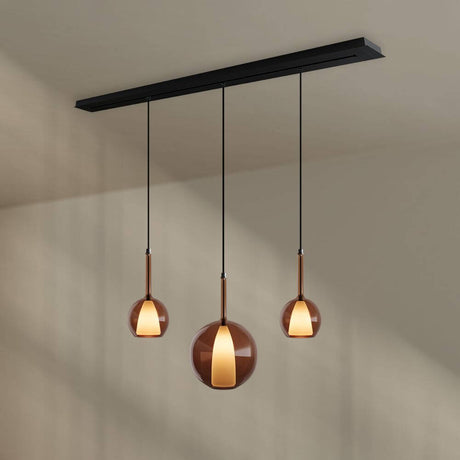s.luce Belluna Esstischleuchte 3-flammig 160cm Baldachin in modernem Design mit braunem Glas.