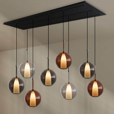 s.luce Belluna Esstisch-Hängeleuchte mit 8 Pendeln aus Glas in klar, Cognac und Rauchglas, 200 cm Design.