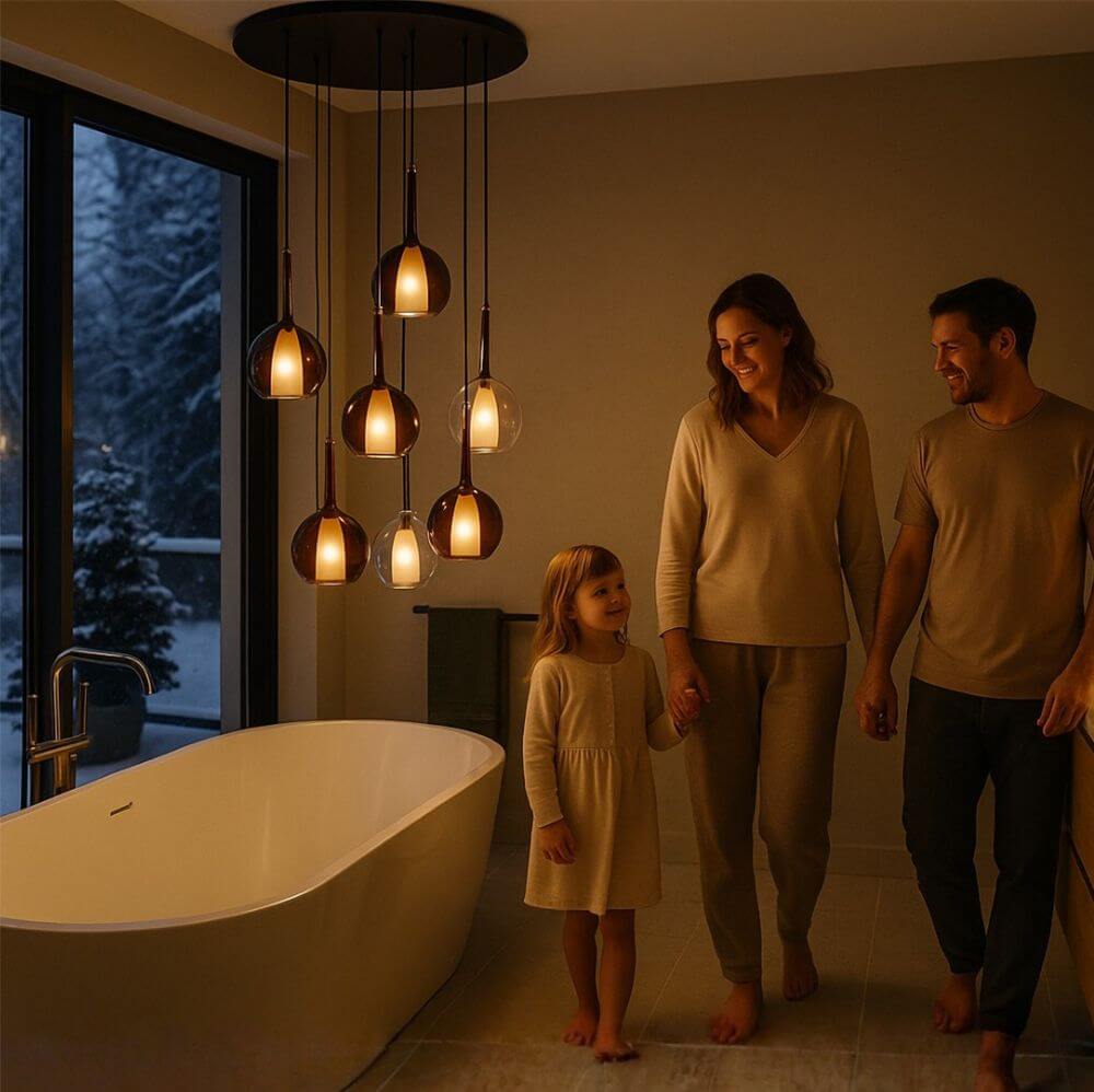 s.luce Belluna Galerieleuchte 8-flammig Ø 80cm Baldachin über Familie im Badezimmer