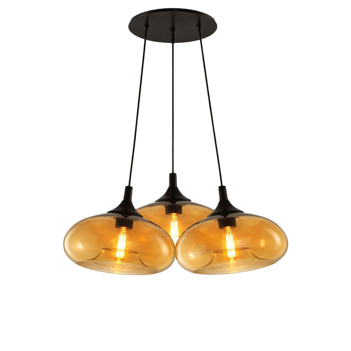 s.luce Cruet Cluster Glas-Pendelleuchte 3-flammig 3x28cm mit drei amberfarbenen Glasleuchten an schwarzem Baldachin.
