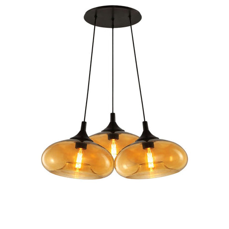 s.luce Cruet Cluster Glas-Pendelleuchte 3-flammig 3x28cm mit drei amberfarbenen Glasleuchten an schwarzem Baldachin.
