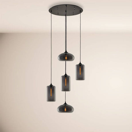 s.luce Cruet flerpendel i glass, 3- eller 5-lampers i røykglass-design med fem hengende lamper.