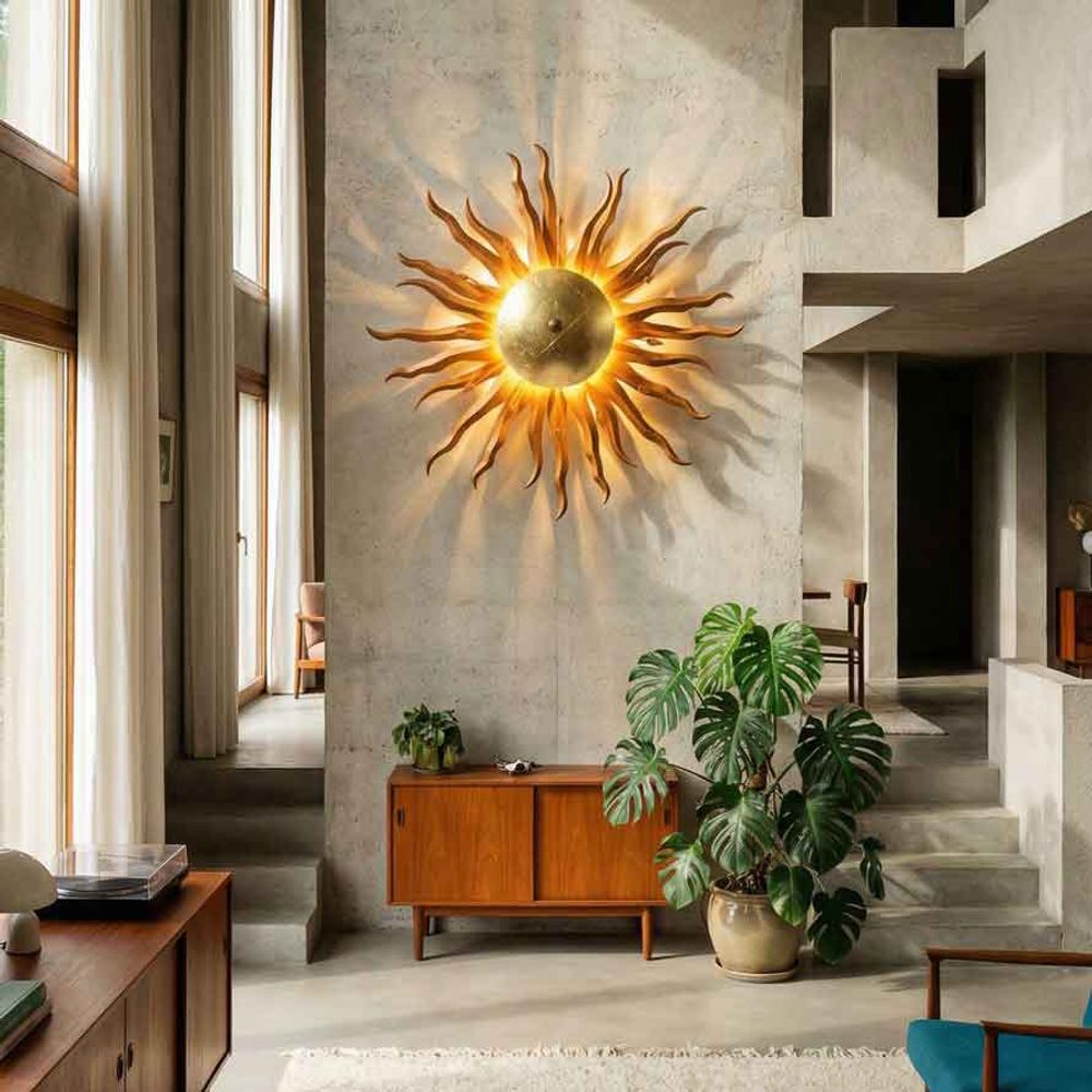 s.luce Diator XL handgeschmiedete Sonne Rost- & Goldfarben an einer Wand in einem modernen Wohnraum