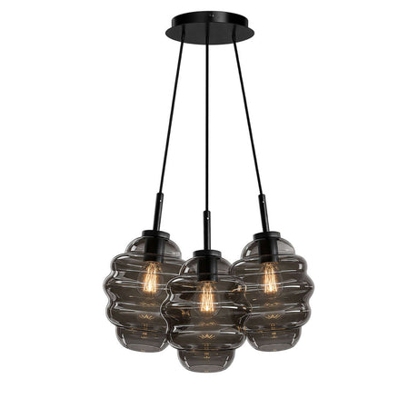 s.luce Echos Cluster Glas-Pendelleuchte 3-flammig 3x25cm in stilvoller Anordnung mit Wellenstruktur